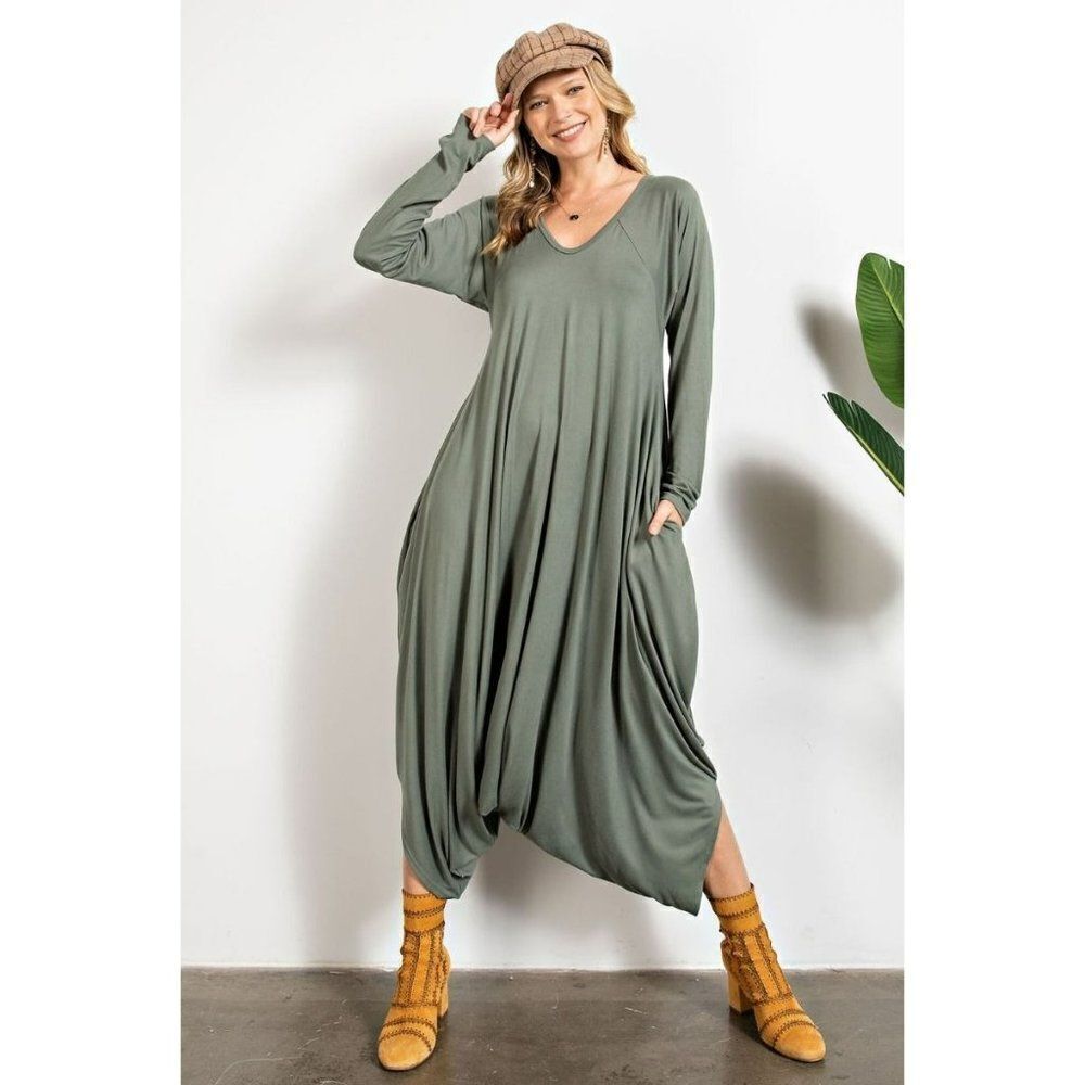 Easel Long Sleeve Baggy Jumper Pants Romper Jumpsuit Army Green New S-L EB50239